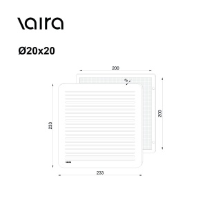 Kratka wentylacyjna czarna 20x20 VAIRA do wentylacji grawitacyjnej – rysunek wymiarowy