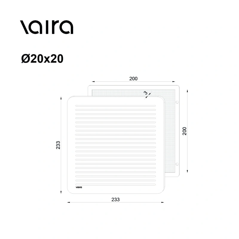 Kratka wentylacyjna czarna 20x20 VAIRA do wentylacji grawitacyjnej – rysunek wymiarowy